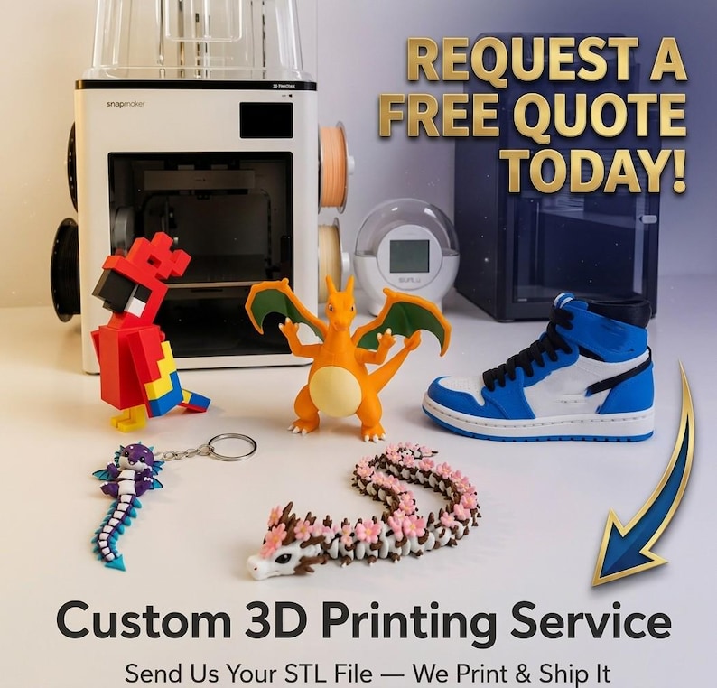 May include: A white 3D printer with various printed objects including a red and yellow blocky bird, an orange dragon figure, a blue and white high-top sneaker, a purple dragon keychain, and a long white and pink articulated dragon figure.
