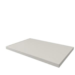 May include: A rectangular, light gray shelf with a thin, raised edge. The shelf is a solid color and appears to be made of a smooth material. The shelf is set against a white background.