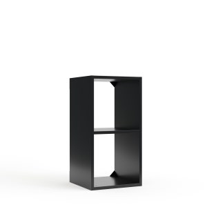 May include: A black cube-shaped shelf unit with two open compartments. The unit is made of a solid, dark material and is designed for storage or display. The minimalist design is suitable for various home decor styles.