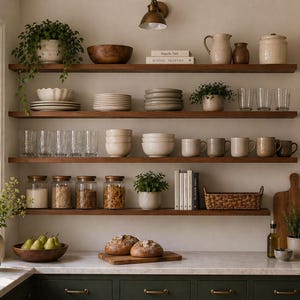 May include: A kitchen interior with wooden shelves displaying various items. There are plates, bowls, glasses, mugs, jars, plants, and a wooden cutting board. The countertop holds bread and a bowl of pears. The cabinets are dark green.