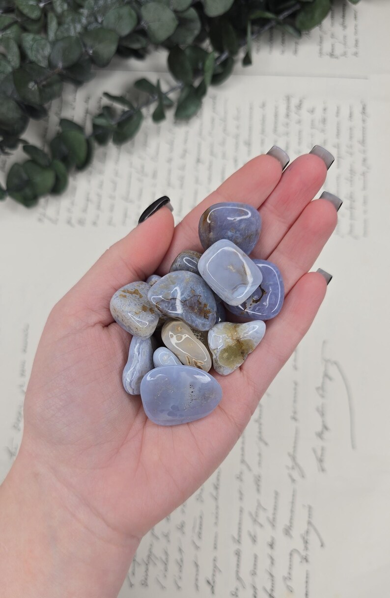 Puede incluir: Un pu&ntilde;ado de piedras pulidas de &aacute;gata de encaje azul. Las piedras var&iacute;an en tama&ntilde;o y forma, con una mezcla de colores azul claro, blanco y beige. El fondo incluye papel vintage con escritura y follaje verde.