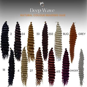 May include: An assortment of Deep Wave natural color braiding hair in various shades, including black, brown, blonde, and red. Each bundle is labeled with a color code, such as 1B, 2, 24, 27, 30, 33, 350, 613, Bug, Ginger, and Grey.