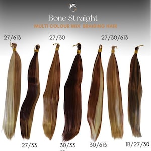 May include: Bone Straight multi-colour mix braiding hair. The image shows eight bundles of hair in shades of blonde, brown, and auburn. Each bundle is labelled with a colour code, including 27/613, 27/30, and 27/33. The hair is styled straight.