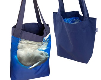 Bolso reversible con estampado de ballenas: plástico reciclado del océano, hecho a mano en las Azores