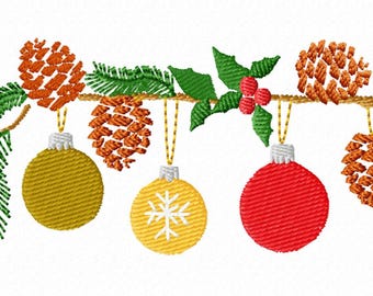 May include: A garland of pine branches, holly, and pine cones with three ornaments hanging from it. The ornaments are yellow, yellow with a snowflake, and red.