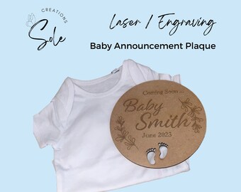Wooden Announcement Plaque - Pregnancy Announcement - Birth Announcement - Baby Shower Gift - Personalised Disk - Coming Soon - Engraved