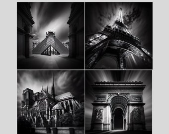 Set of 4 Paris Attractions Digital Download Only, Eiffell Tower, Lourve, Arc De Triumphe, Notre Dame Cathedral.