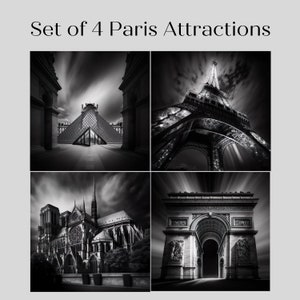 Conjunto de 4 atracciones de París solo descarga digital, Torre Eiffel, Lourve, Arco de triunfo, Catedral de Notre Dame.