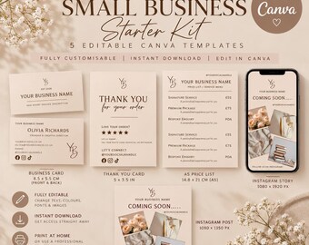 Small Business Starter Kit, 5 Editable Canva Templates, Business Card, Thank You Card, Price List, Instagram Templates, Digital Download