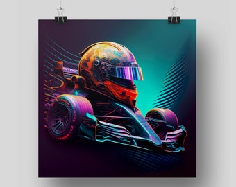 Two formula 1 inspired digital prints, neon abstract art, car lovers, gifts for him, gifts for her.