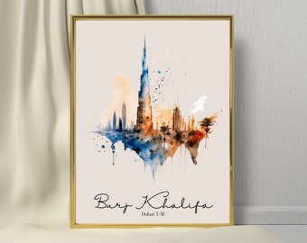 Burj Khalifa Wall Art watercolor| Dubai, UAE | PRINTABLE Wall Art | Digital Download