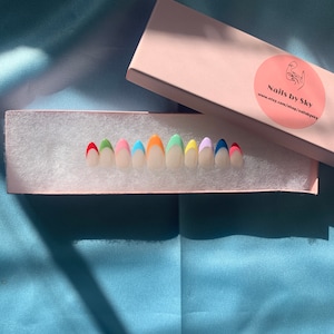Rainbow Multicolor French Tip Nails|Shown in Short Almond|