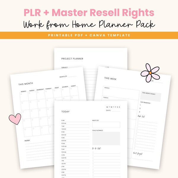 PLR Work from Home Planner, Half Hourly Daily Schedule, Productivity, Printable PDF, Canva Template, Minimalist Meeting Notes, Resell Rights