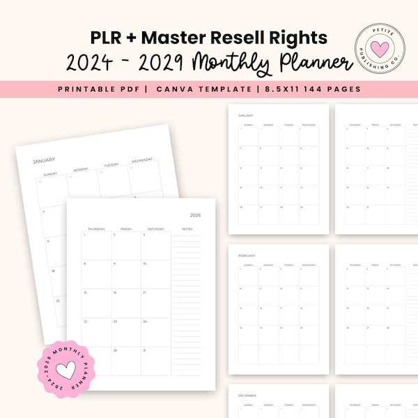 2024-2029 Monthly Planner Printable PDF, PLR Master Resell Rights, Month at a Glance, Calendar, Canva Template, Personal Planner Inserts