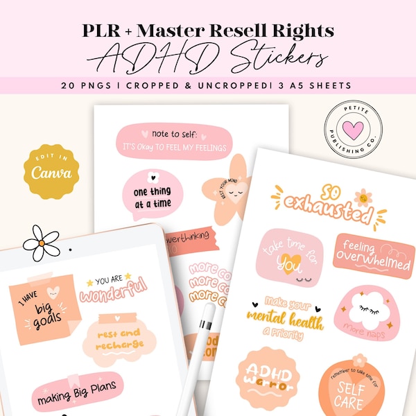 ADHD Sticker Pack, PLR Resell, Digital Planner PNG Quotes Neurodivergent, Mental Health Canva Template, Goodnotes, Positive Affirmation AD01