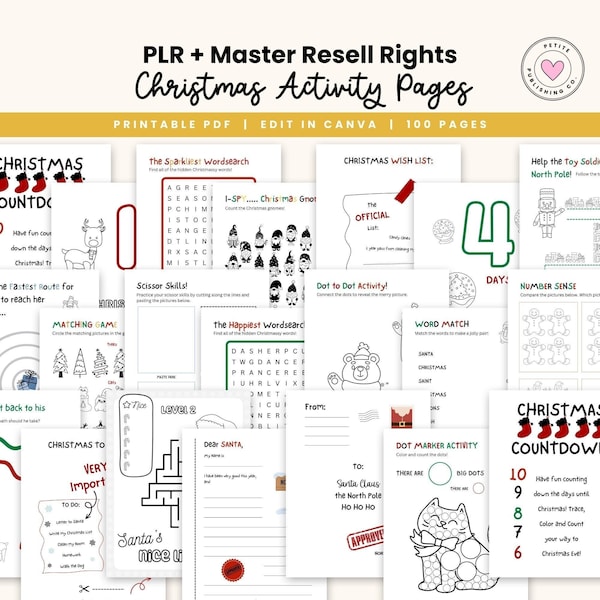 PLR Christmas Activity Pages for Kids Printable PDF, Coloring Sheets, Canva Template, Commercial Resell Rights, Xmas, Editable, 100 Pages