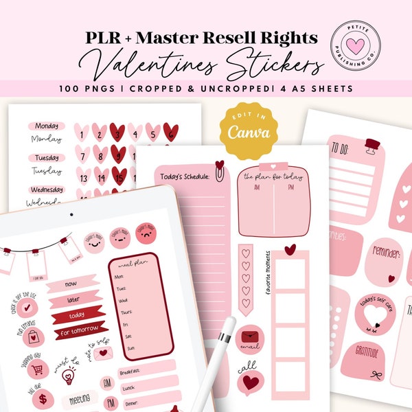 Valentines Stickers, PLR Resell, Everyday Digital Icons, February Widgets, Love, Pink Hearts, Cropped PNG Sheets, Canva Template, Goodnotes