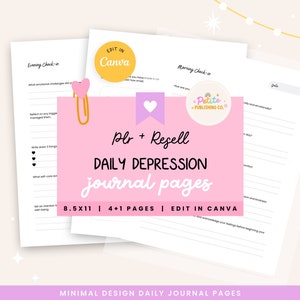 Depression Journal Pages, PLR Resell, Digital Download, Daily Writing Prompts, Canva Template, Self Reflection, Anxiety, Mood, MRR, ANX01