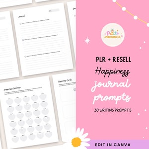 Happiness Journal Prompts PLR Resell Canva Template, Guided Writing Printable PDF, 30 Day Challenge, Positivity, Positive Affirmation, HAPPY