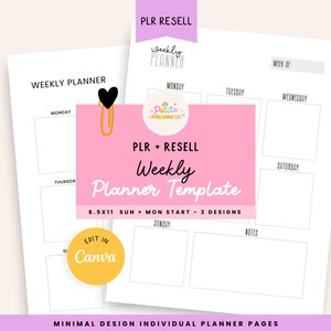 PLR Weekly Planner Printable PDF, Canva Template, Resell, Minimal, MRR, Daily Tasks, Agenda, Productivity Goals, At a Glance, Commercial Use