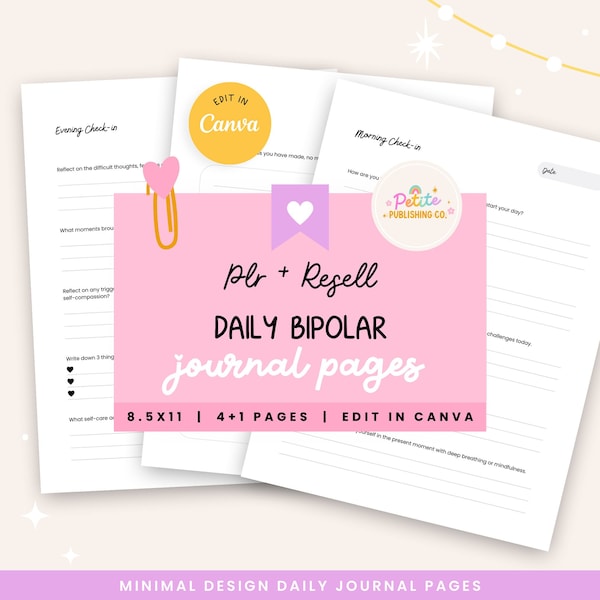 Bipolar Journal Pages, PLR Resell, Daily Guided Writing Worksheet, Canva Template, Mental Health, Self Compassion, Therapy Notes, Mood, MRR