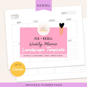 PLR Weekly Planner Landscape Template, Edit in Canva, Printable PDF, Minimalist, MRR, Daily Agenda, To Do List, Desk, Office, At a Glance