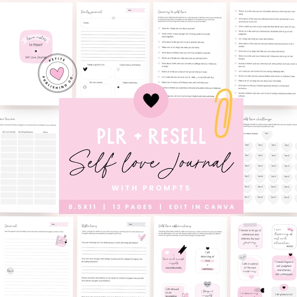 Self Love Journal with Prompts, PLR Resell, Positive Affirmations, Mental Health, Gratitude, Canva Template, Inspirational Quotes, PDF, SL01