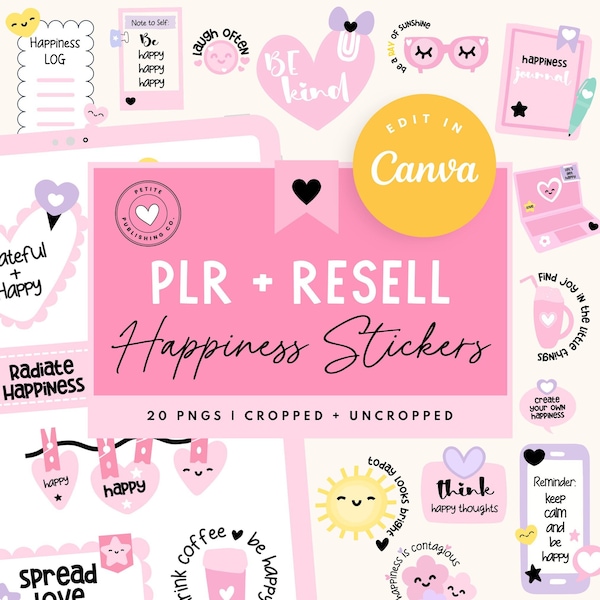 Happiness Sticker Pack, PLR Resell, Inspirational Quotes, Mental Health, Kindness, Canva Template, IPAD, Goodnotes, Positive Affirmation