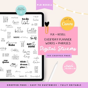 Puede incluir: Un conjunto de pegatinas digitales para planificadores con 100 PNG recortados. Las pegatinas presentan palabras y frases para la planificación diaria, como "to do list", "love this day", "get it done" y "note it down". Las pegatinas son de texto negro sobre fondo blanco.