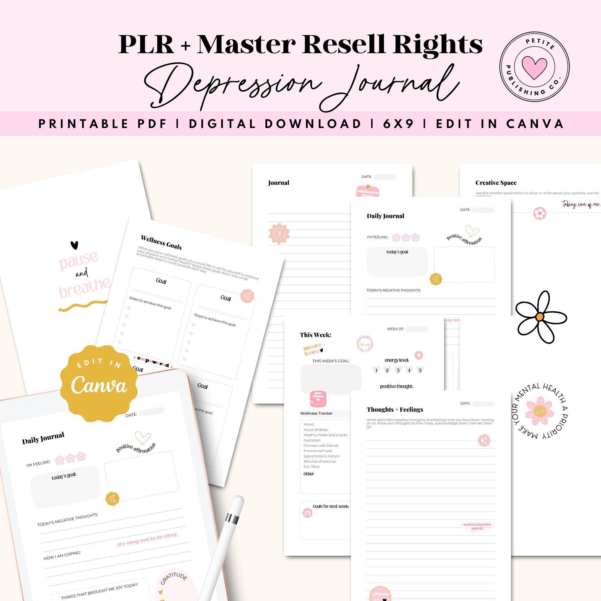 Depression Journal Printable With Prompts, PLR Resell Canva Template ...