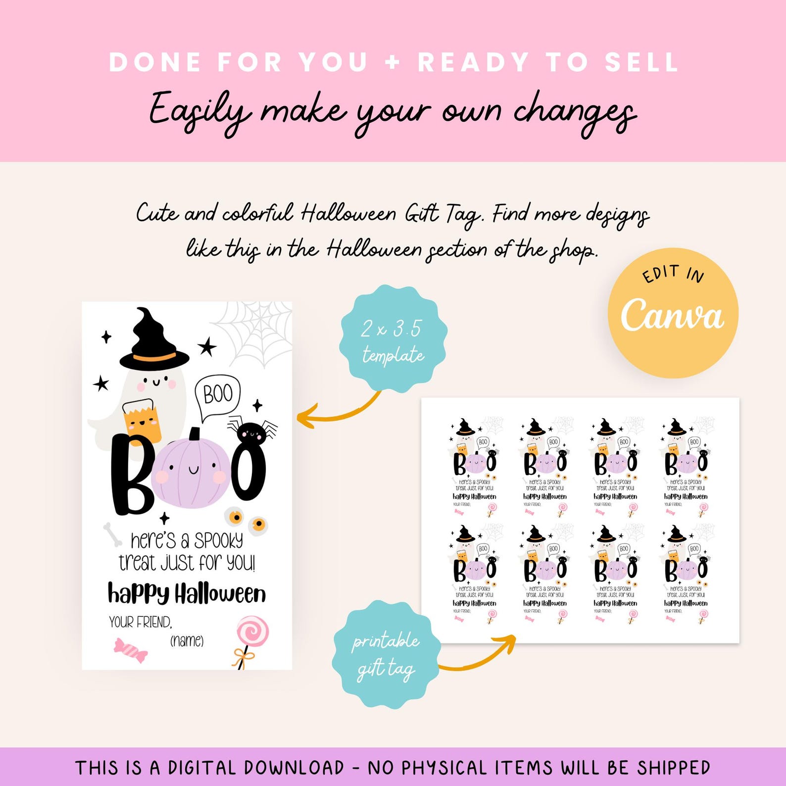 Halloween Gift Tag Printable, Editable Canva Template, Cute Ghost ...