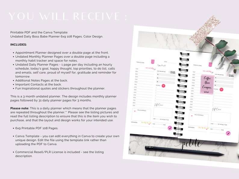 PLR Boss Babe Planner Printable PDF Canva Template, Undated Daily ...