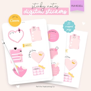 Notas adhesivas digitales, reventa PLR, recordatorios PNG, Goodnotes, productividad, plantilla de Canva, etiquetas, cinta adhesiva, Planner Girl
