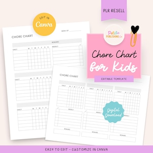Puede incluir: Un cuadro de tareas imprimible para niños con un esquema de color rosa, blanco y negro. El cuadro incluye secciones para tareas diarias y semanales, así como un espacio para una recompensa. El texto "Chore Chart for Kids" está en una fuente grande y en negrita. El texto "Plantilla editable" está en una fuente más pequeña. El texto "Fácil de editar - Personalizar en Canva" está en la parte inferior de la página.