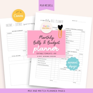 Monthly Bills and Budget Planner, Income & Expenses, Spending Tracker, Finance Overview, Payment Checklist, Editable Canva Template, PLR