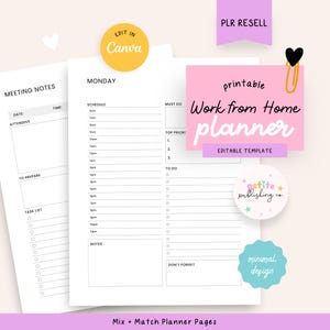 Planejador de trabalho em casa para impressão, cronograma diário pessoal por hora, agenda de reunião + notas, modelo editável do Canva, revenda de PLR para uso comercial