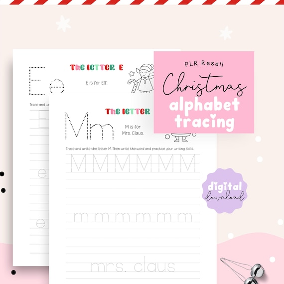 PLR Christmas Alphabet Tracing, Handwriting Practice Worksheets, Holiday Activity Pages for Kids Printable, Editable Canva Template, Resell