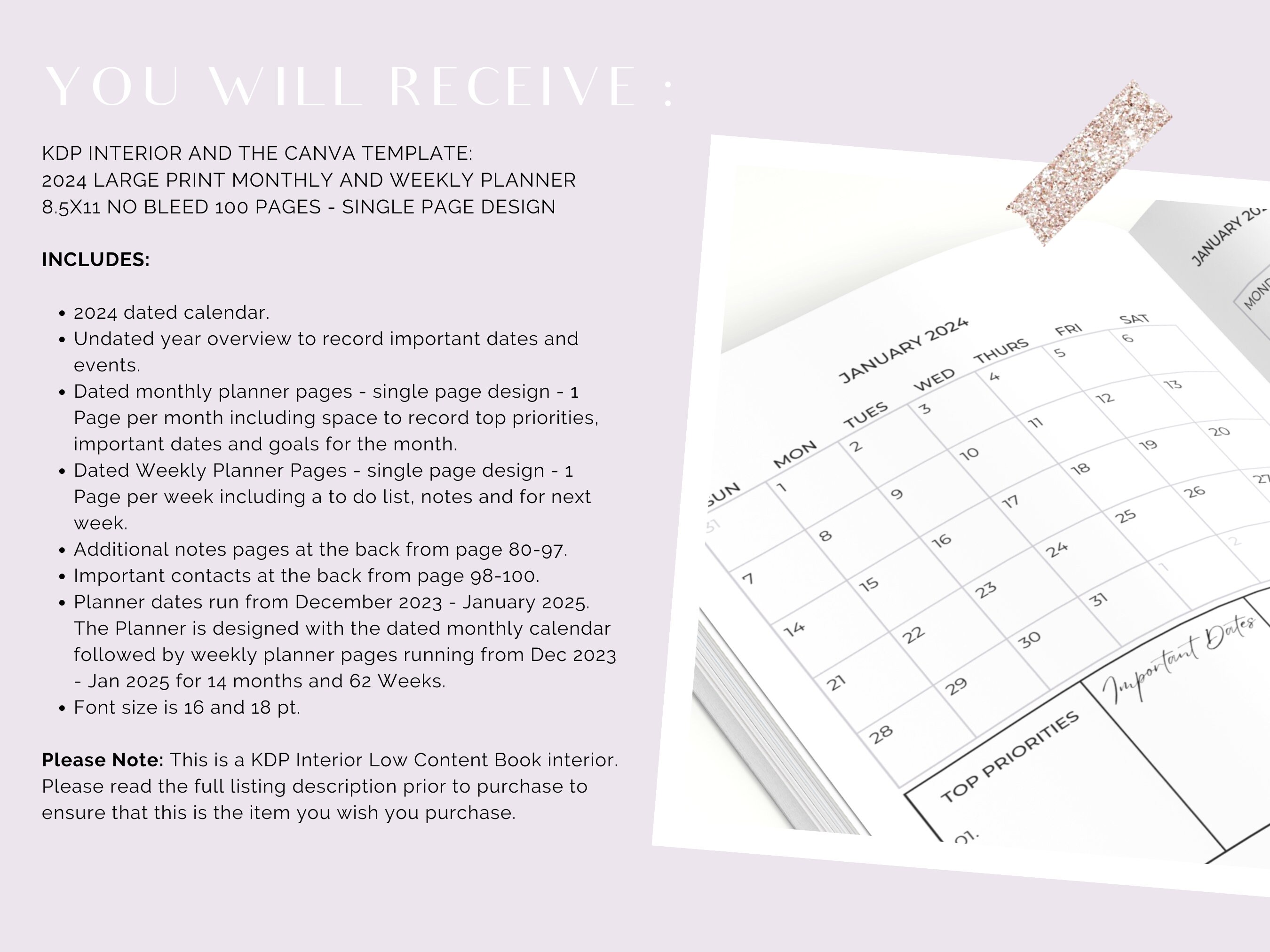 2024 Large Print Planner KDP Interior, Canva Template, Printable PDF