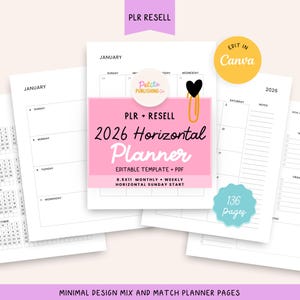 2026 Monthly and Weekly Horizontal Planner Sunday Start, PLR Resell Canva Template, Yearly Calendar, Minimal, Work from Home, Productivity