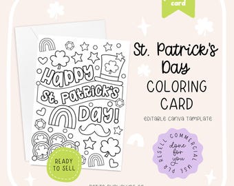 St. Patrick's Day Coloring Card + Envelope, Color In Gift, Party Favor, PLR Canva Template