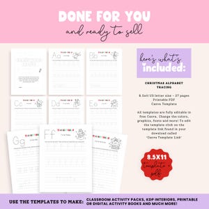 May include: A collection of printable Christmas alphabet tracing templates. The templates are 8.5x11 inches and include 27 pages. The text on the image says "Done for you and ready to sell". The templates are fully editable in Canva.