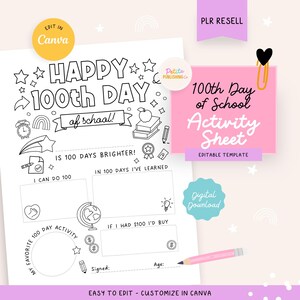 Feuille d'activités pour la 100e journée d'école, imprimable, coloriage, ressources pour la classe, modèle de toile modifiable, produit PLR, téléchargement numérique