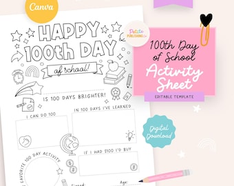 100th Day of School Activity Sheet Printable, Coloring Page, Classroom Resources, Editable Canva Template, PLR Product, Digital Download