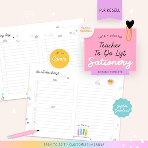 Lista de tareas para profesores imprimible, plantilla de bloc de notas de escritorio bonita y colorida, editable en Canva, escuela, reventa de productos PLR, descarga digital
