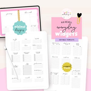 Puede incluir: Un planificador digital con un diseño minimalista, con listas de tareas, horarios y rastreadores de hábitos. El planificador incluye el texto "minimal designs" y "everyday widgets". También se ve un lápiz óptico y un fondo rosa.