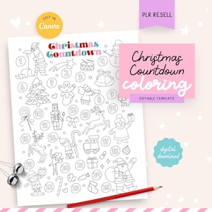 Peut inclure: Une page de coloriage de compte à rebours de Noël en noir et blanc avec des illustrations numérotées sur le thème des fêtes. Les mots "Christmas Countdown coloring" sont affichés en rose et blanc. Un crayon rouge et des ornements argentés sont dans l'image.