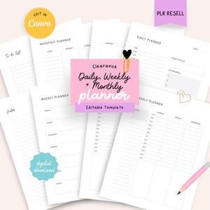 Planejador Diário PLR, Planejador Semanal, Planejador Mensal, Modelo de PDF para Impressão, Lista de Tarefas Minimalista, Cronograma de Revenda por Hora