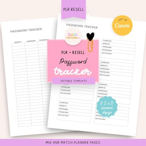 Rastreador de contraseñas, inicio de sesión en sitios web, inserción de planificador, PDF imprimible, descarga digital, plantilla editable de Canva, PLR, reventa, MRR, uso comercial