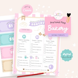 Puede incluir: Una plantilla de menú de panadería rosa y blanca para jugar a simular con un lápiz rojo. El menú incluye favoritos de panadería, artículos dulces y salados, dulces y bebidas. La plantilla también incluye dinero de juguete.