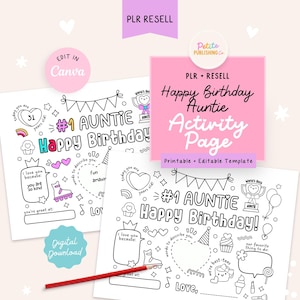 Happy Birthday Auntie Activity Page Printable, PLR Resell, Kids Coloring Sheet, Editable Canva Template, Homemade Gift, Digital Download PDF